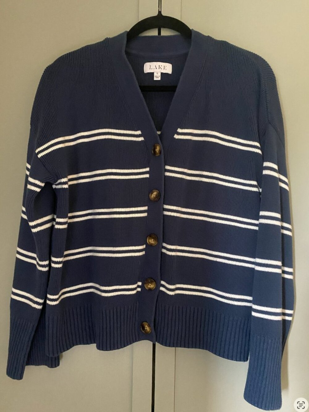 LAKE Nora Striped Navy V‑Neck Button Cardigan Sweater, Size Small